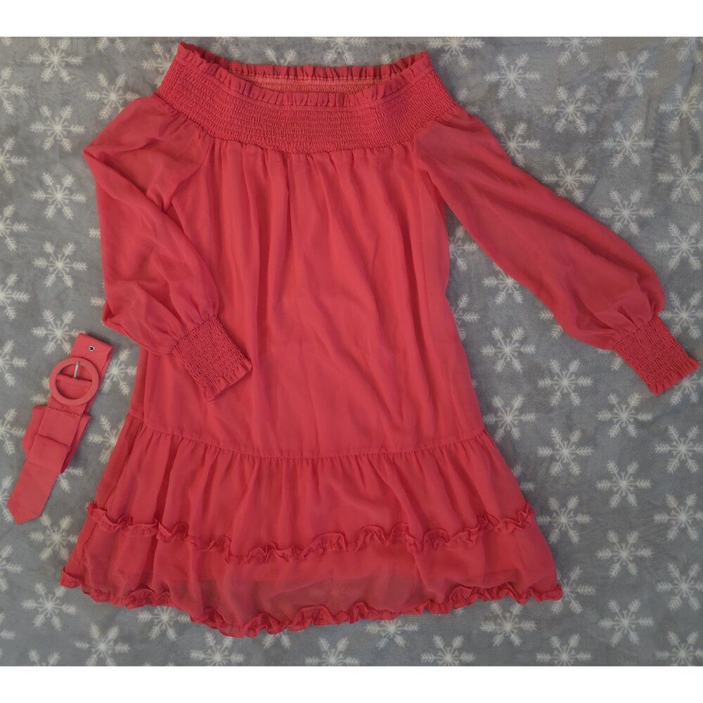 BCBGeneration Coral Off Shoulder Ruffle Mini Dress w/ Belt Size US 6 UK 10 Party